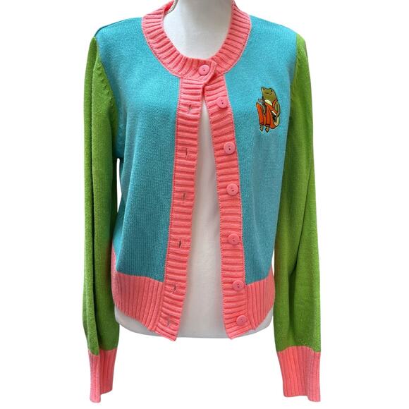 Unique Vintage Sweaters - Unique Vintage Frog Cardigan Sweater M/L Colorblock Pink Blue